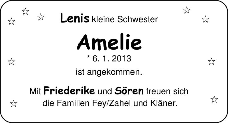 Anzeige für Amelie  vom 12.01.2013 aus Nordwest-Zeitung