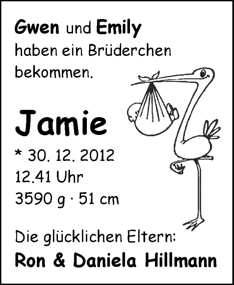 Anzeige für Jamie Hillmann vom 12.01.2013 aus Nordwest-Zeitung