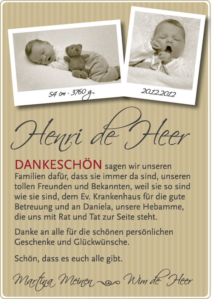 Anzeige für Henri de Heer vom 12.01.2013 aus Nordwest-Zeitung