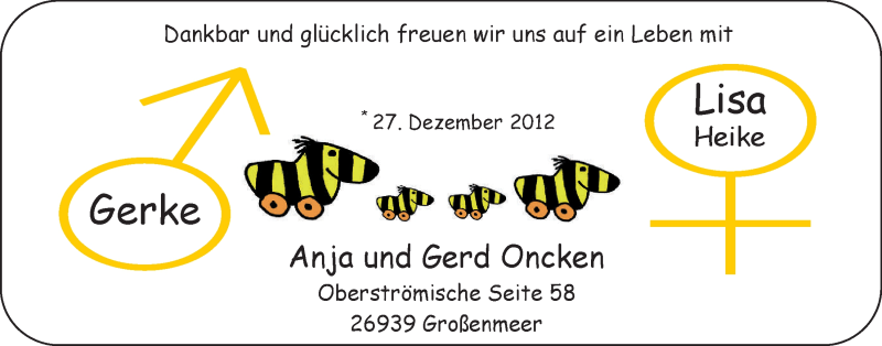Anzeige für Gerke, Lisa Heike Oncken vom 19.01.2013 aus Nordwest-Zeitung