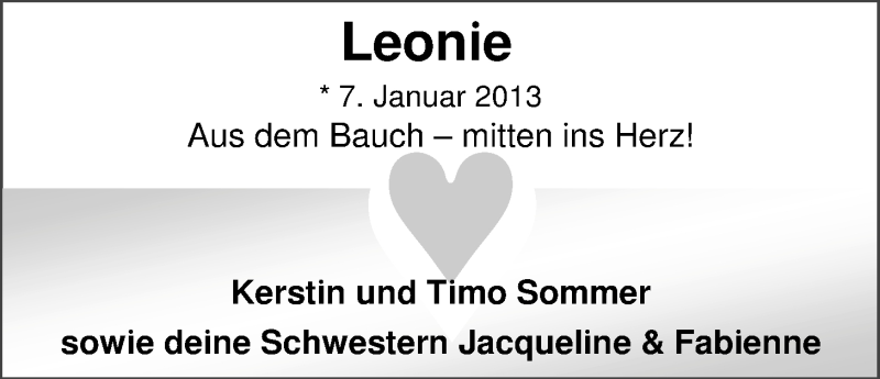Anzeige für Leonie Sommer vom 17.01.2013 aus Nordwest-Zeitung