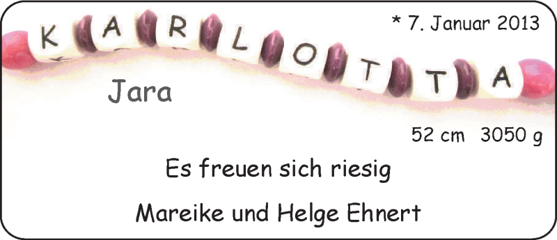 Anzeige für Karlotta Jara Ehnert vom 19.01.2013 aus Nordwest-Zeitung