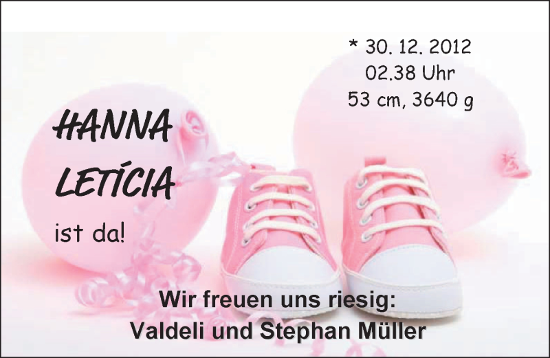 Anzeige für Hanna Leticia Müller vom 24.01.2013 aus Nordwest-Zeitung