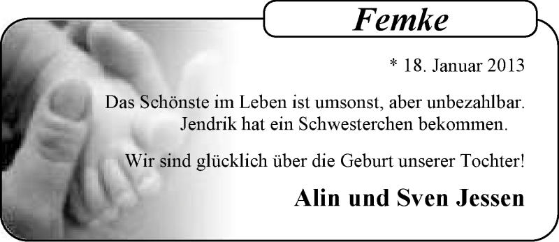 Anzeige für Femke Jessen vom 28.01.2013 aus Nordwest-Zeitung