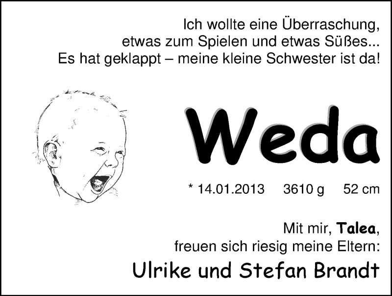 Anzeige für Weda Brandt vom 02.02.2013 aus Nordwest-Zeitung