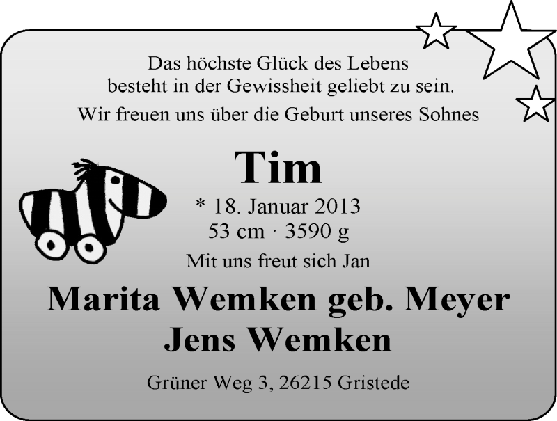 Anzeige für Tim Wemken vom 02.02.2013 aus Nordwest-Zeitung