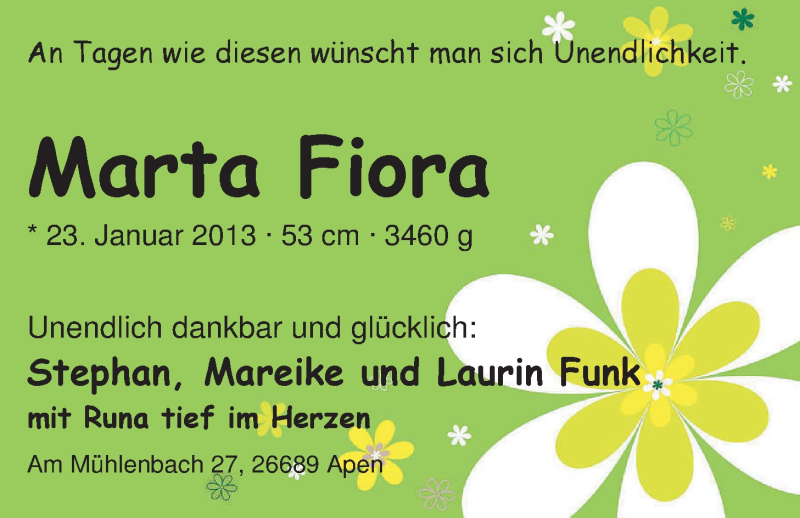 Anzeige für Marta Fiora Funk vom 09.02.2013 aus Nordwest-Zeitung