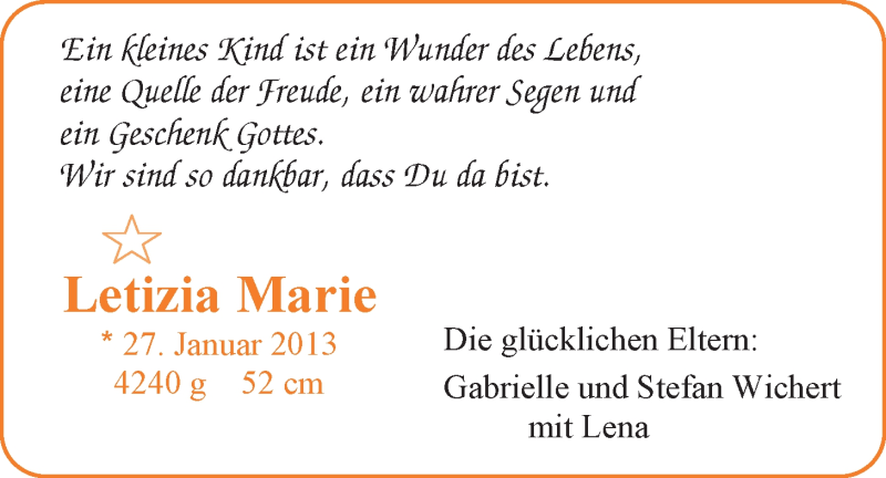 Anzeige für Letizia Maria Wichert vom 09.02.2013 aus Nordwest-Zeitung