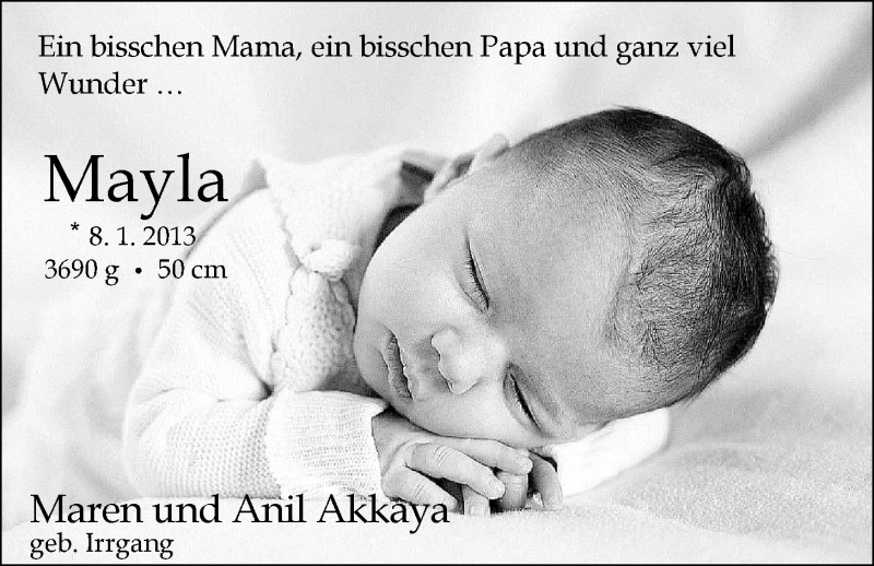Anzeige für Mayla Akkaya vom 09.02.2013 aus Nordwest-Zeitung