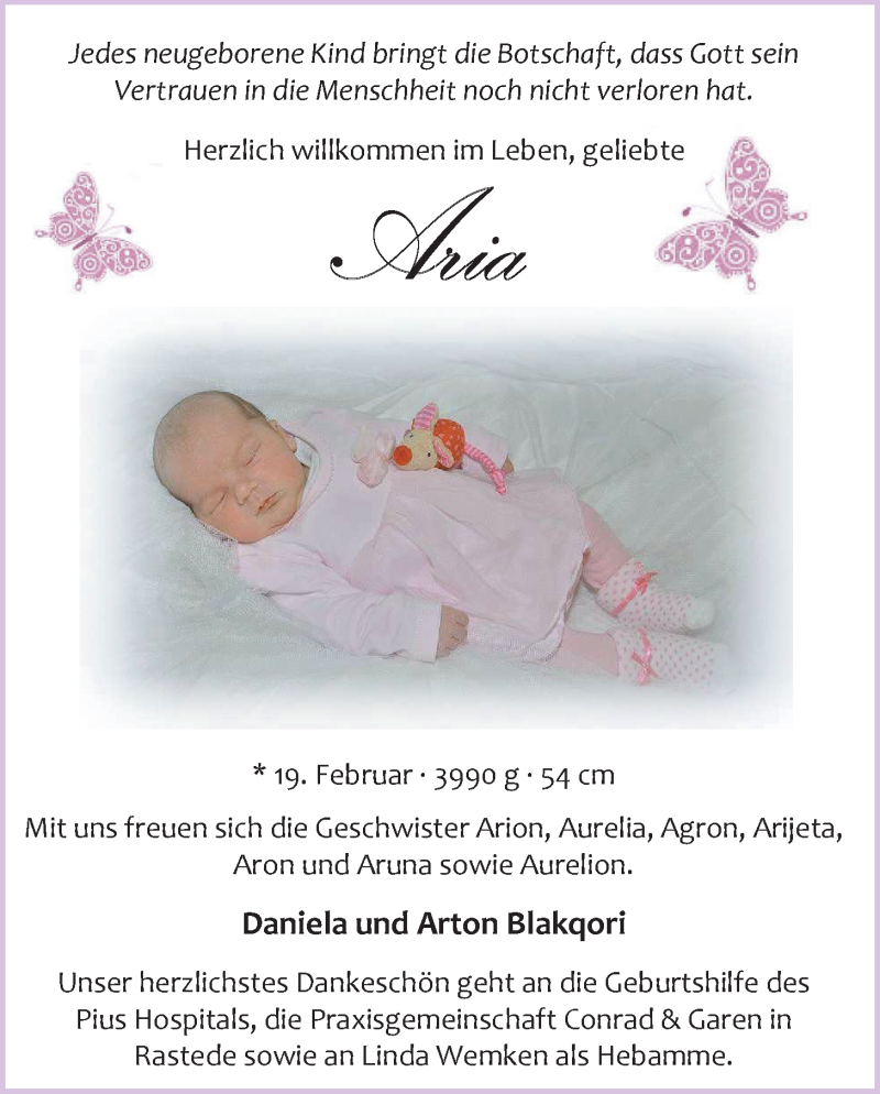Anzeige für Aria Blaqori vom 02.03.2013 aus Nordwest-Zeitung