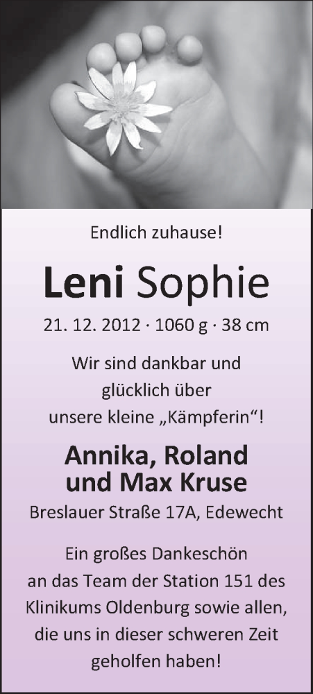 Anzeige für Leni Sophie  vom 02.03.2013 aus Nordwest-Zeitung