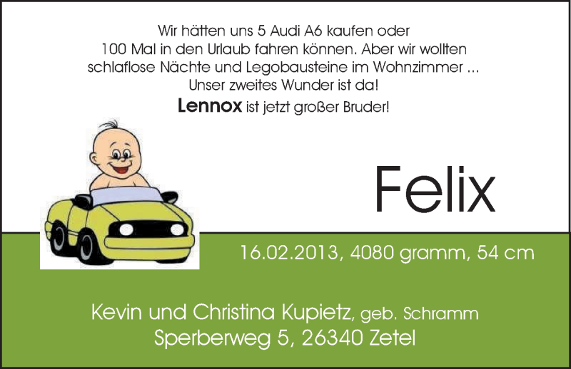 Anzeige für Felix Kupietz vom 02.03.2013 aus Nordwest-Zeitung