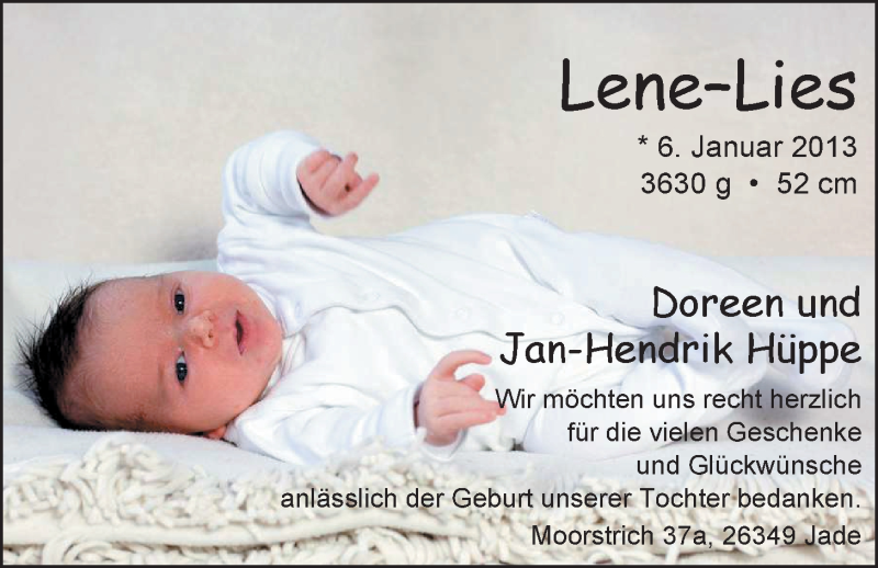 Anzeige für Lene-Lies Hüppe vom 02.03.2013 aus Nordwest-Zeitung