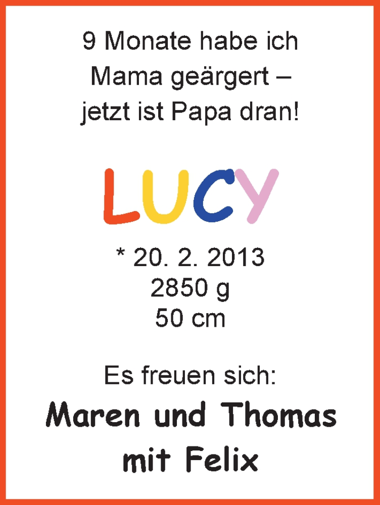 Anzeige für Lucy  vom 09.03.2013 aus Nordwest-Zeitung