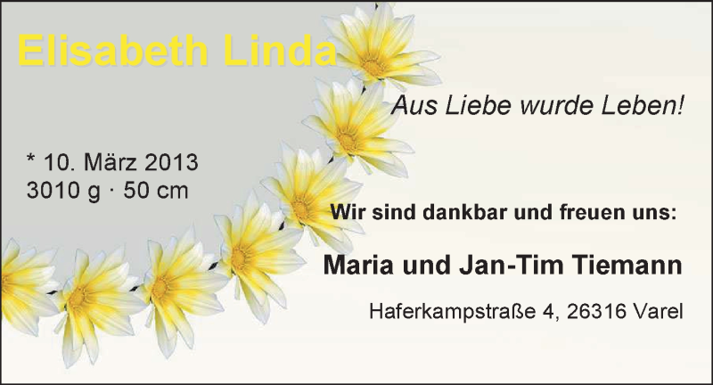Anzeige für Elisabeth Linda  vom 23.03.2013 aus Nordwest-Zeitung