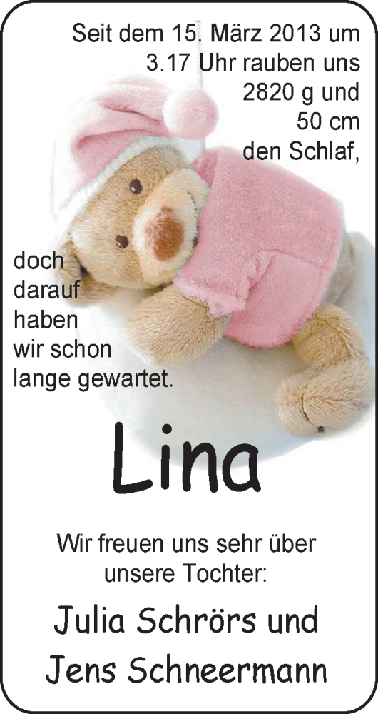 Anzeige für Lina  vom 23.03.2013 aus Nordwest-Zeitung