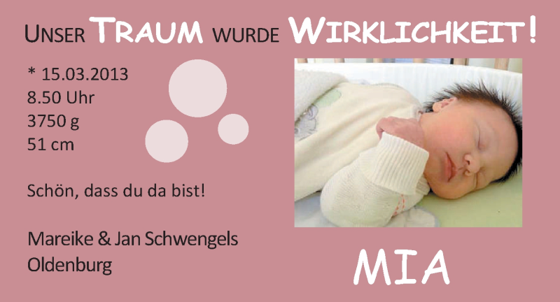 Anzeige für Mia Schwengels vom 23.03.2013 aus Nordwest-Zeitung