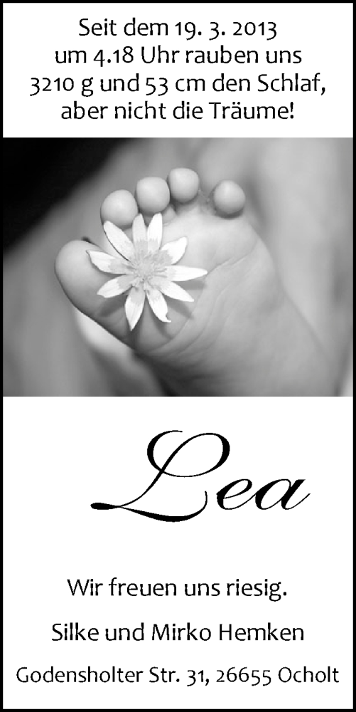 Anzeige für Lea Hemken vom 06.04.2013 aus Nordwest-Zeitung