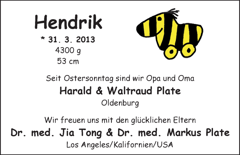 Anzeige für Hendrik  vom 06.04.2013 aus Nordwest-Zeitung