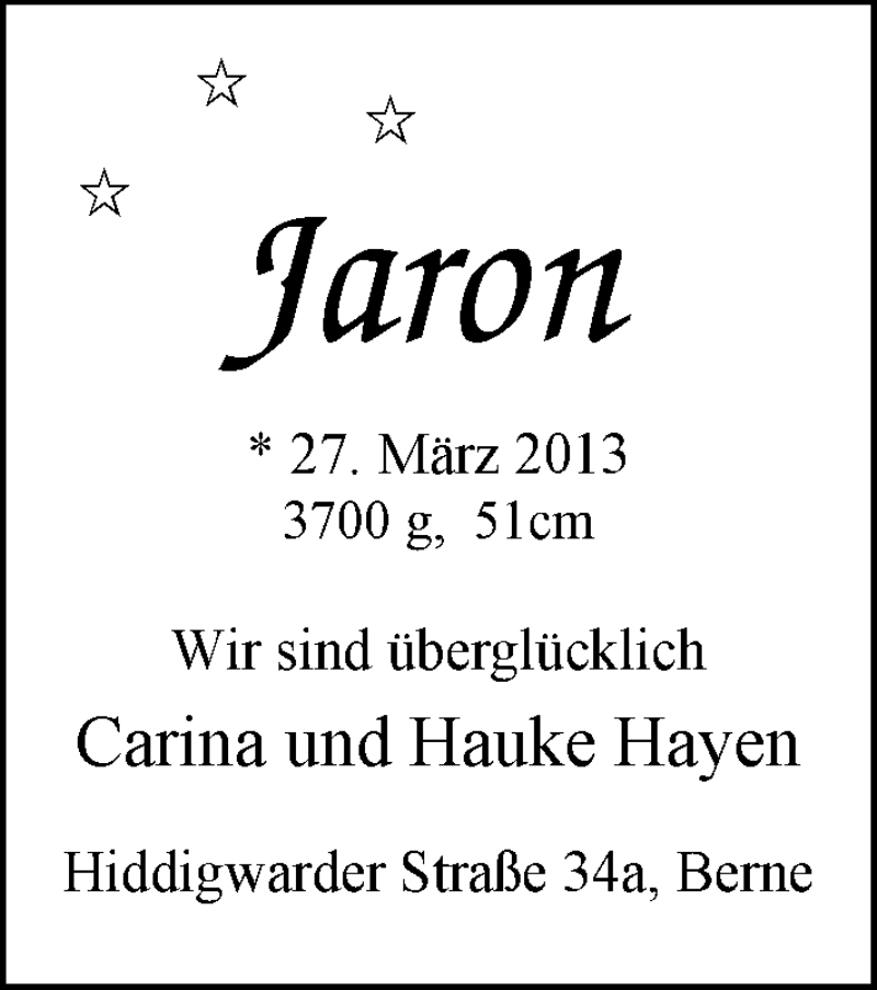 Anzeige für Jaron Hayen vom 06.04.2013 aus Nordwest-Zeitung