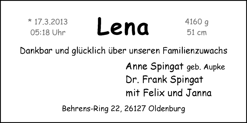 Anzeige für Lena Spingat vom 06.04.2013 aus Nordwest-Zeitung