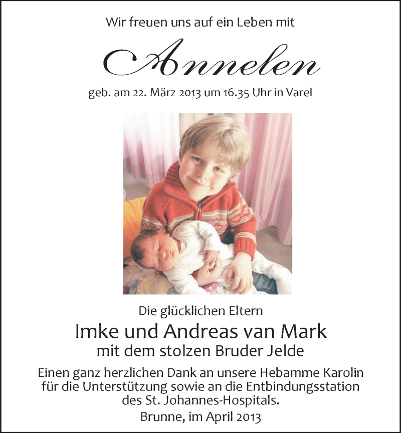 Anzeige für Annelen van Mark vom 13.04.2013 aus Nordwest-Zeitung
