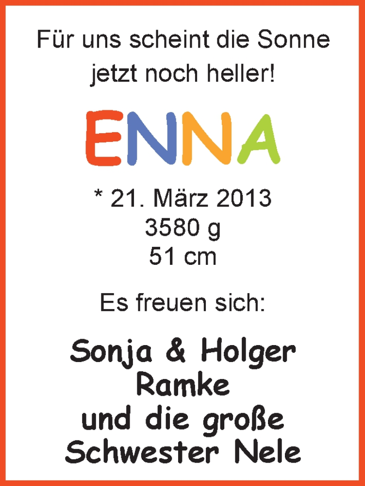 Anzeige für Enna Ramke vom 13.04.2013 aus Nordwest-Zeitung