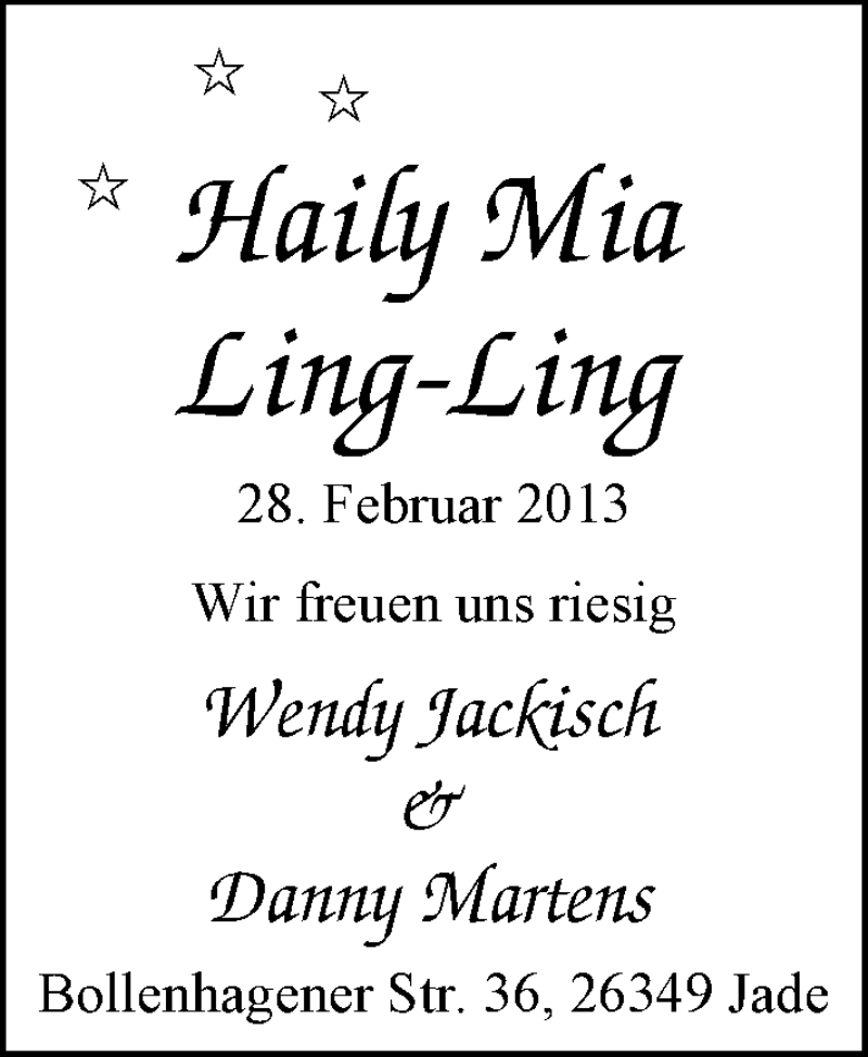 Anzeige für Haily Mia  vom 13.04.2013 aus Nordwest-Zeitung