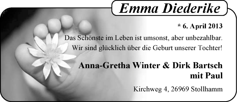 Anzeige für Emma Diederike Bartsch vom 20.04.2013 aus Nordwest-Zeitung