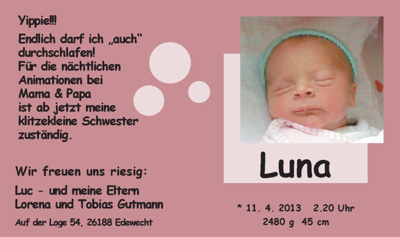 Anzeige für Luna Gutmann vom 20.04.2013 aus Nordwest-Zeitung