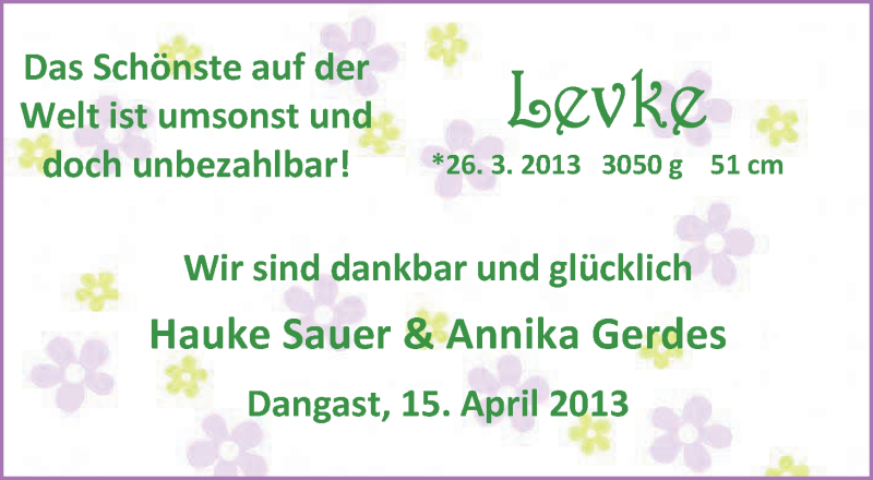 Anzeige für Levke  vom 20.04.2013 aus Nordwest-Zeitung