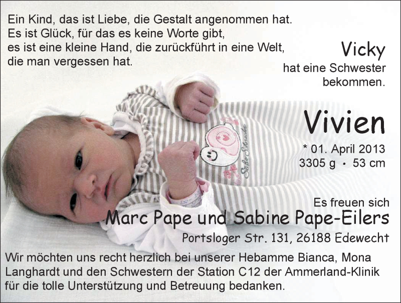 Anzeige für Vivien  vom 20.04.2013 aus Nordwest-Zeitung