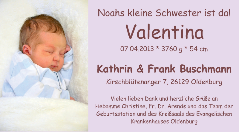 Anzeige für Valentina  vom 20.04.2013 aus Nordwest-Zeitung