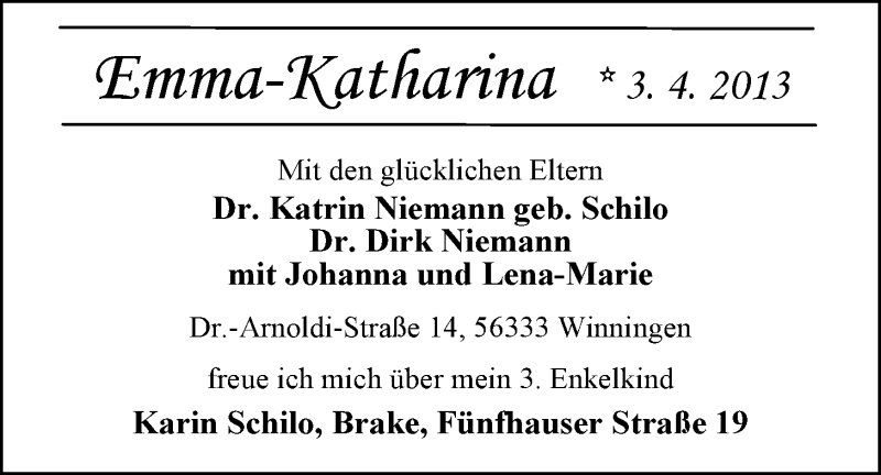 Anzeige für Emma-Katharina Niemann vom 26.04.2013 aus Nordwest-Zeitung