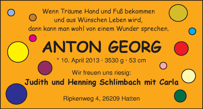 Anzeige für Anton Georg  vom 27.04.2013 aus Nordwest-Zeitung