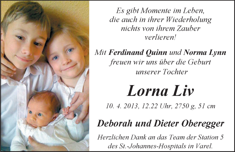 Anzeige für Lorna Liv Oberegger vom 04.05.2013 aus Nordwest-Zeitung