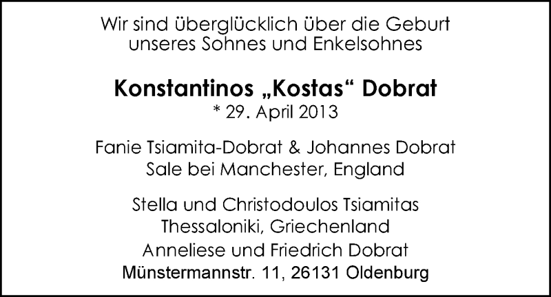 Anzeige für Konstantinos Dobrat vom 11.05.2013 aus Nordwest-Zeitung