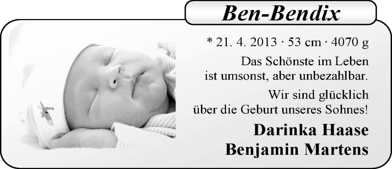 Anzeige für Ben-Bendix  vom 18.05.2013 aus Nordwest-Zeitung