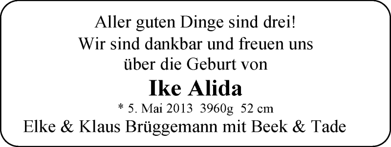 Anzeige für Ike Alida Brüggemann vom 18.05.2013 aus Nordwest-Zeitung