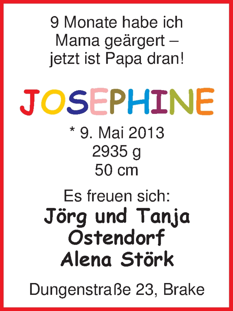 Anzeige für Josephine Ostendorf vom 18.05.2013 aus Nordwest-Zeitung