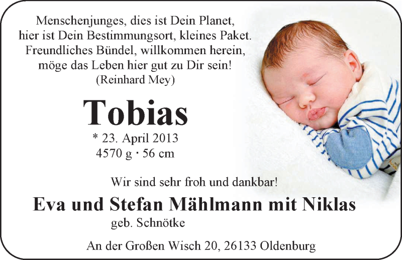 Anzeige für Tobias Mählmann vom 18.05.2013 aus Nordwest-Zeitung