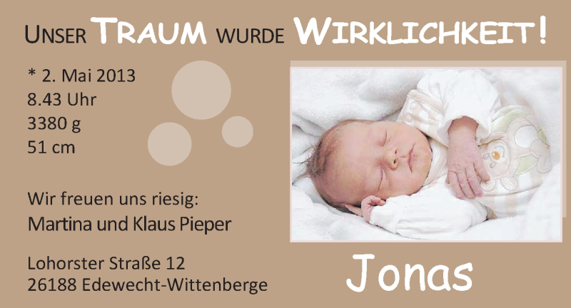 Anzeige für Jonas Pieper vom 25.05.2013 aus Nordwest-Zeitung