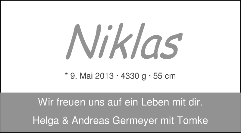 Anzeige für Niklas germeyer vom 25.05.2013 aus Nordwest-Zeitung