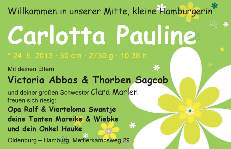 Anzeige für Carlotta Pauline Abbas vom 25.05.2013 aus Nordwest-Zeitung