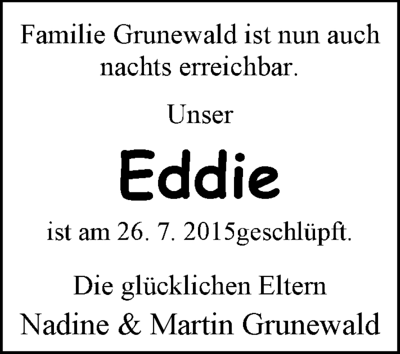 Anzeige für Eddie Grunewald vom 08.08.2015 aus Nordwest-Zeitung