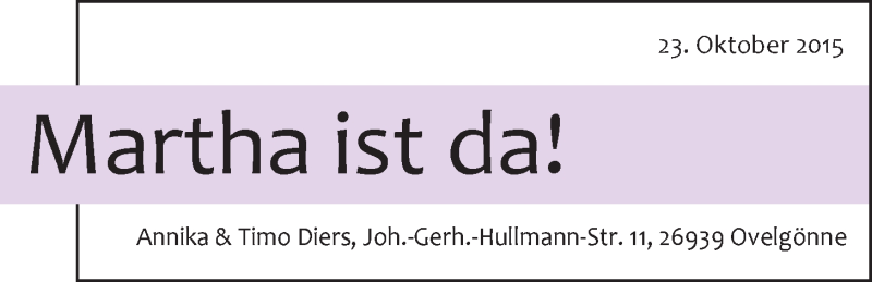 Anzeige für Martha Diers vom 30.10.2015 aus Nordwest-Zeitung
