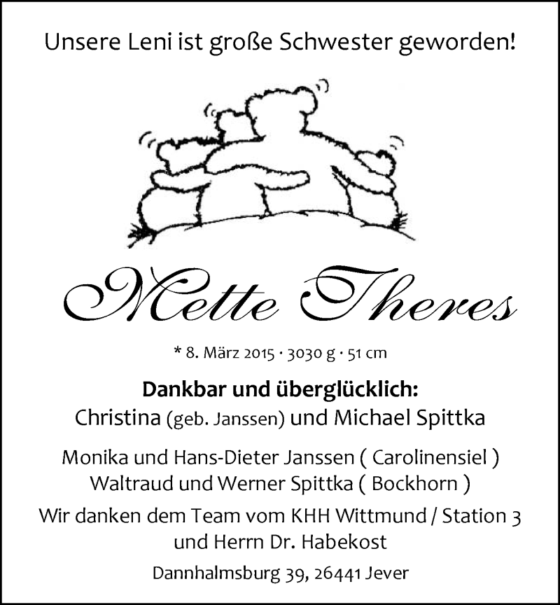 Anzeige für Mette Theres Spittka vom 14.03.2015 aus Nordwest-Zeitung