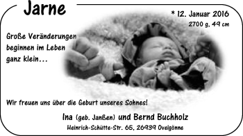 Babyanzeige von Jarne  von Nordwest-Zeitung