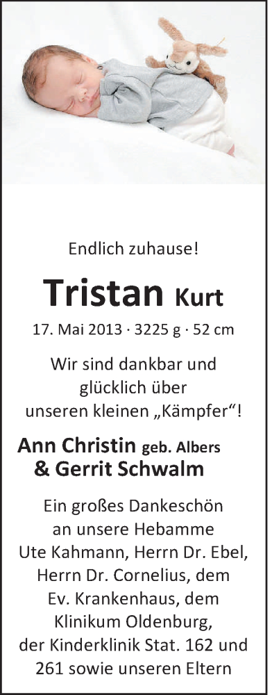 Anzeige für Tristan Albers vom 08.06.2013 aus Nordwest-Zeitung