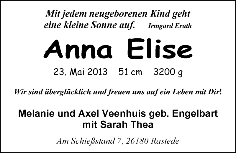 Anzeige für Anna Elise Veenhuis vom 08.06.2013 aus Nordwest-Zeitung